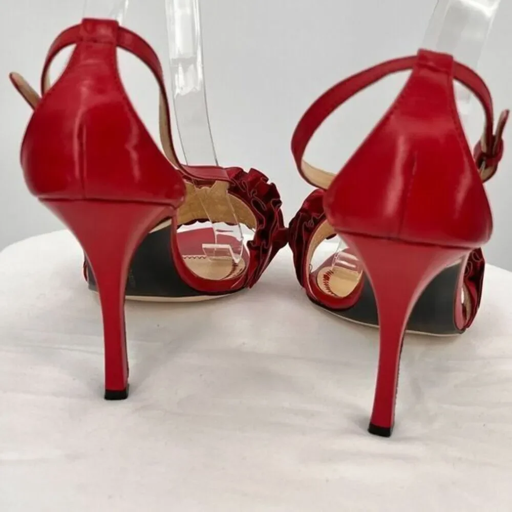 Courtney‎ Crawford Ruffle Leather Strappy Heels Sandals Red 38.5 (8) Made Italy